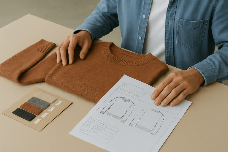A product developer reviewing a tech pack with yarn swatches and a sweater prototype on a table.